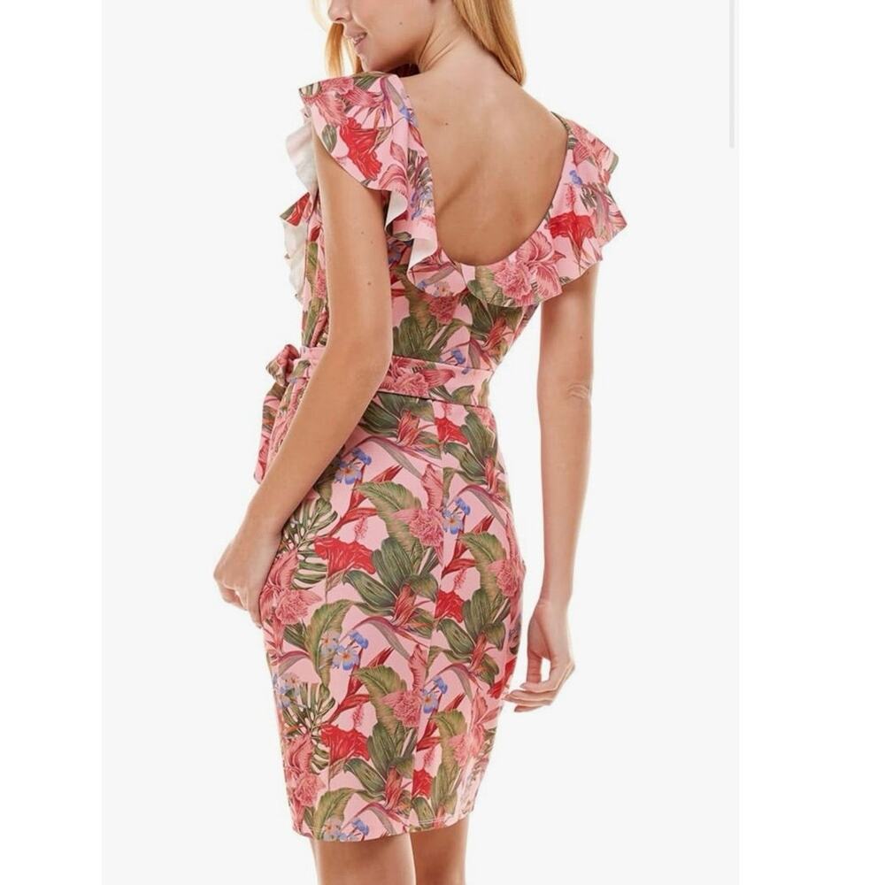 Bebe dress Medium ruffle scuba bodycon pink‎ Hawaiian tropical NWT pink